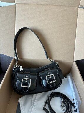 Y2K Retro Coach Shiny Black Leather Baguette Handbag Double